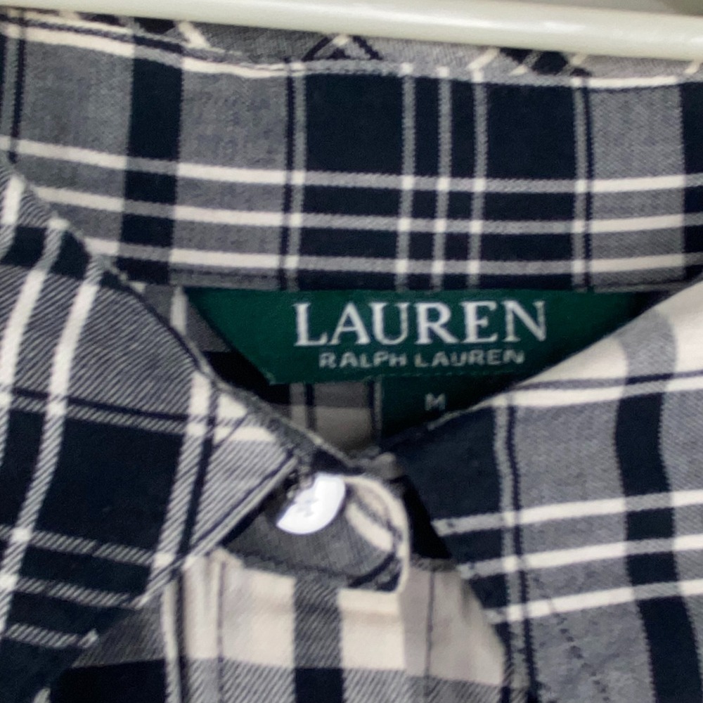 Lauren Ralph Lauren Plaid Blouse Womens SZ M‎ Bell Sleeve Black White Preppy - Picture 7 of 15